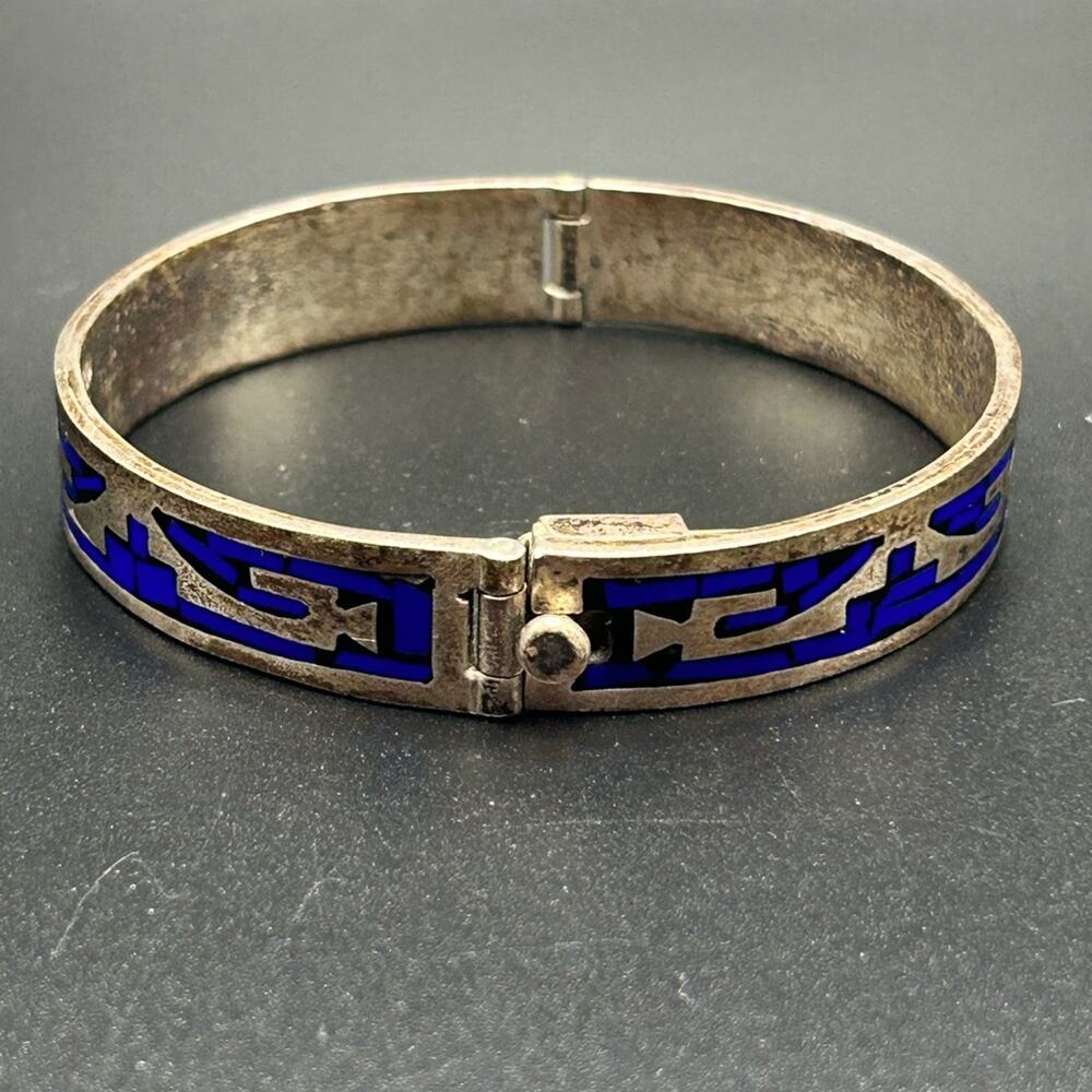 Taxco 925 Sterling Silver inlay hinged bangle bracelet #437 Stunning!
